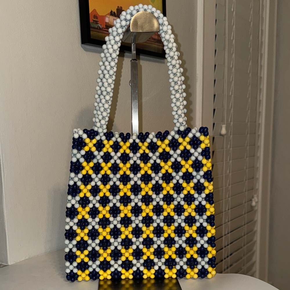 Lulu NYC Blue Gingham Beaded Tote Bag